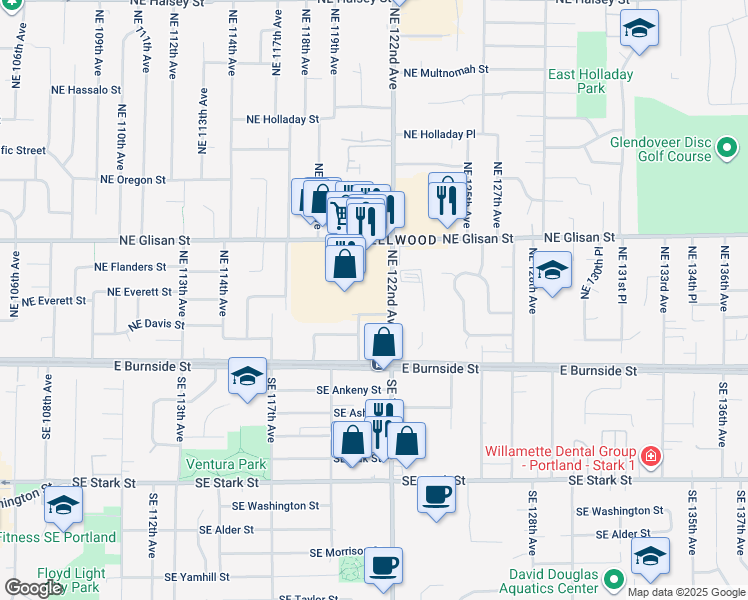 map of restaurants, bars, coffee shops, grocery stores, and more near 221 Northeast 122nd Avenue in Portland