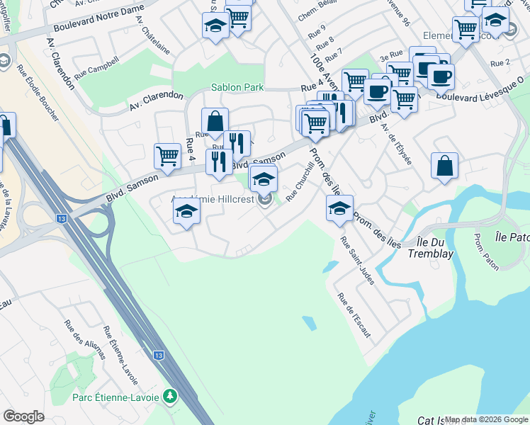 map of restaurants, bars, coffee shops, grocery stores, and more near 251 Rue Bladen in Laval