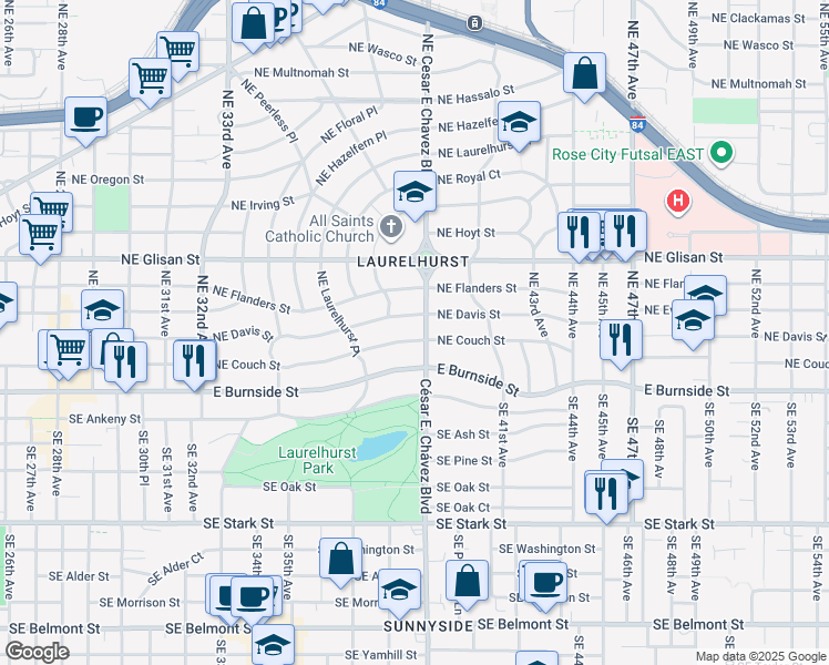 map of restaurants, bars, coffee shops, grocery stores, and more near 3823 Northeast Couch Street in Portland