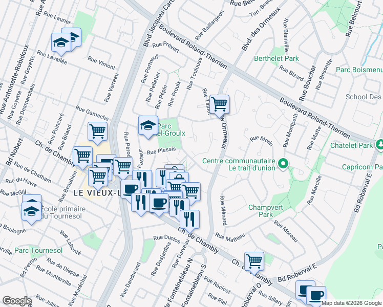 map of restaurants, bars, coffee shops, grocery stores, and more near 228 Rue Toulouse in Longueuil