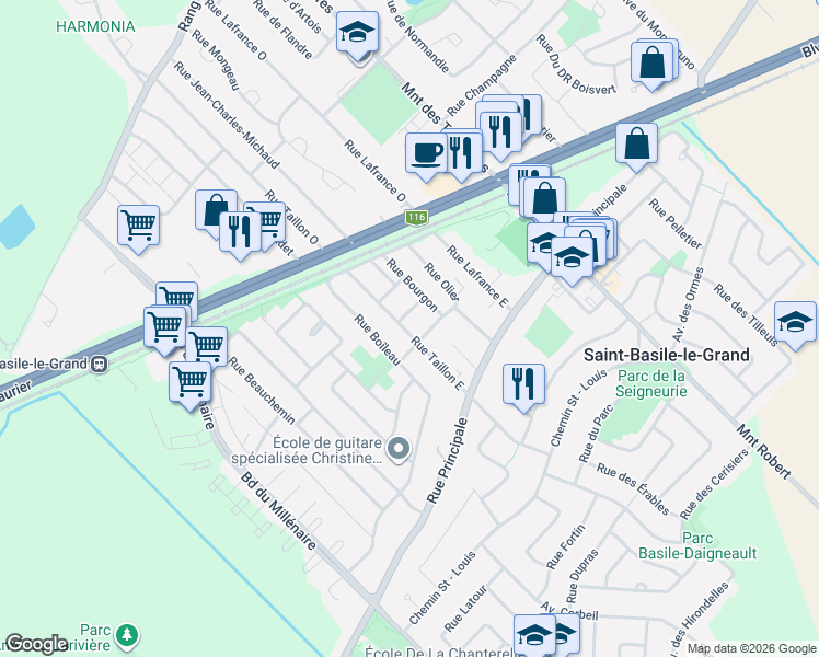 map of restaurants, bars, coffee shops, grocery stores, and more near 23 Rue Taillon Est in Saint-Basile-le-Grand
