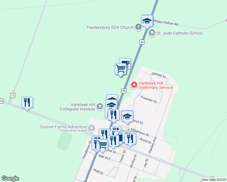 map of restaurants, bars, coffee shops, grocery stores, and more near 7 Hillview Circle in Vankleek Hill