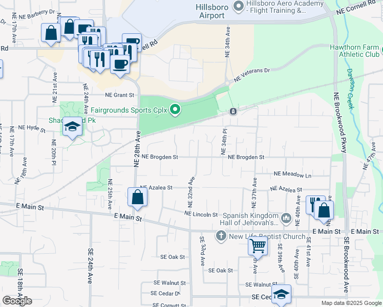 map of restaurants, bars, coffee shops, grocery stores, and more near 381 Northeast 33rd Court in Hillsboro