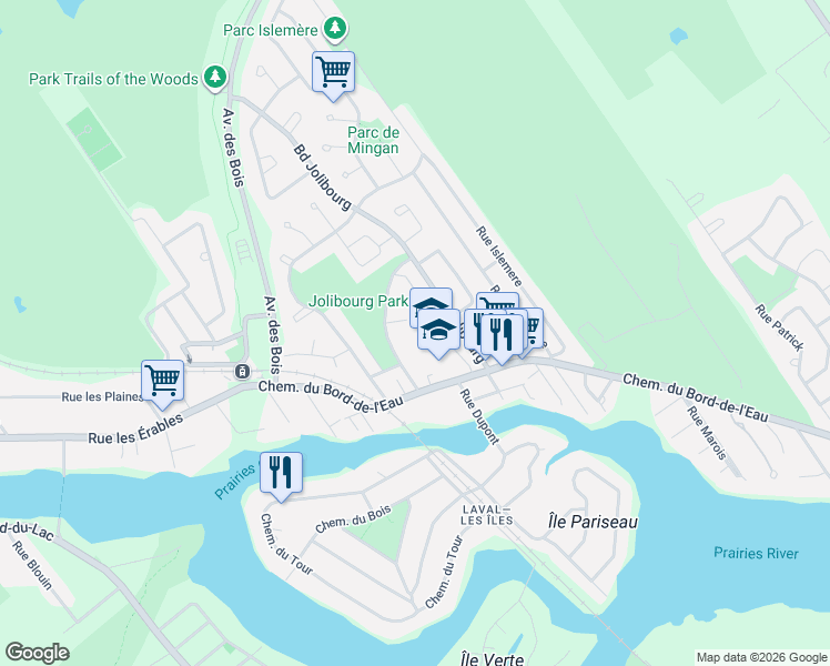 map of restaurants, bars, coffee shops, grocery stores, and more near 1267 Rue du Relais in Laval