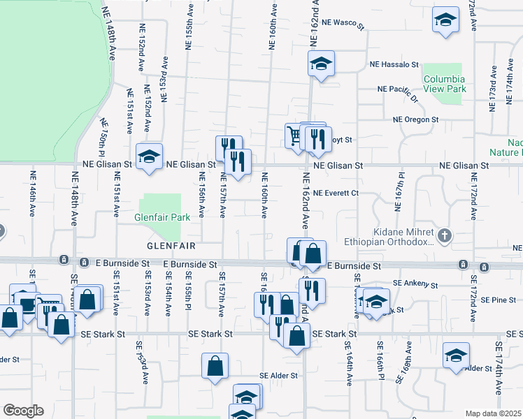 map of restaurants, bars, coffee shops, grocery stores, and more near 15931 Northeast Everett Court in Portland