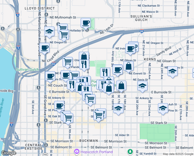 map of restaurants, bars, coffee shops, grocery stores, and more near 1321 Northeast Davis Street in Portland