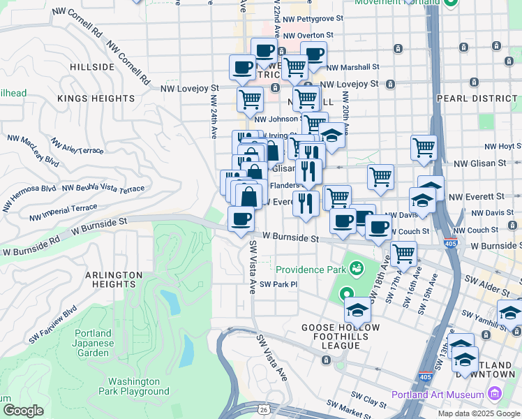 map of restaurants, bars, coffee shops, grocery stores, and more near 2229 Northwest Everett Street in Portland
