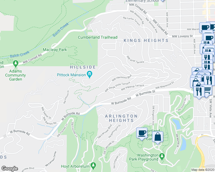 map of restaurants, bars, coffee shops, grocery stores, and more near 3112 Northwest Valle Vista Terrace in Portland