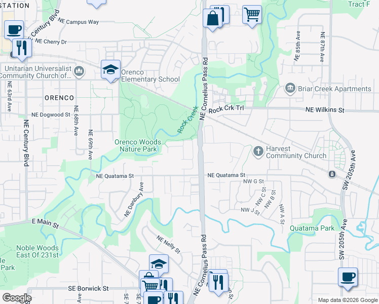 map of restaurants, bars, coffee shops, grocery stores, and more near 7676 Northeast Samuelson Street in Hillsboro