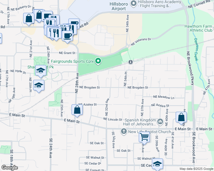 map of restaurants, bars, coffee shops, grocery stores, and more near 381 Northeast 33rd Court in Hillsboro