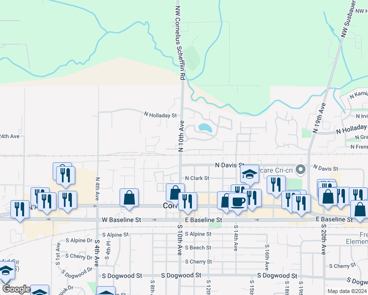 map of restaurants, bars, coffee shops, grocery stores, and more near 605 North 10th Avenue in Cornelius