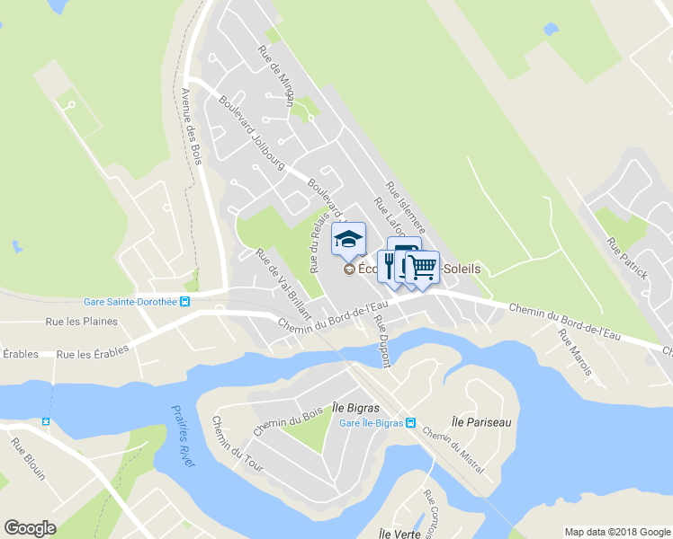 map of restaurants, bars, coffee shops, grocery stores, and more near 1267 Rue du Relais in Laval