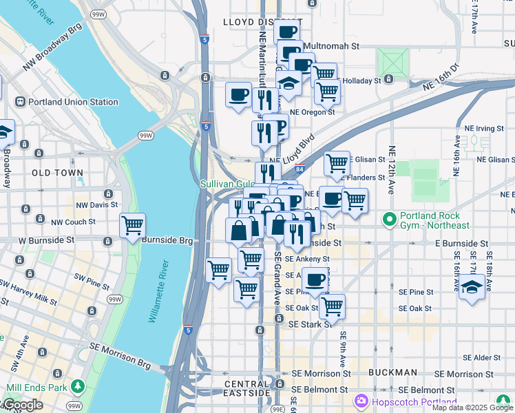 map of restaurants, bars, coffee shops, grocery stores, and more near 321 Northeast Davis Street in Portland