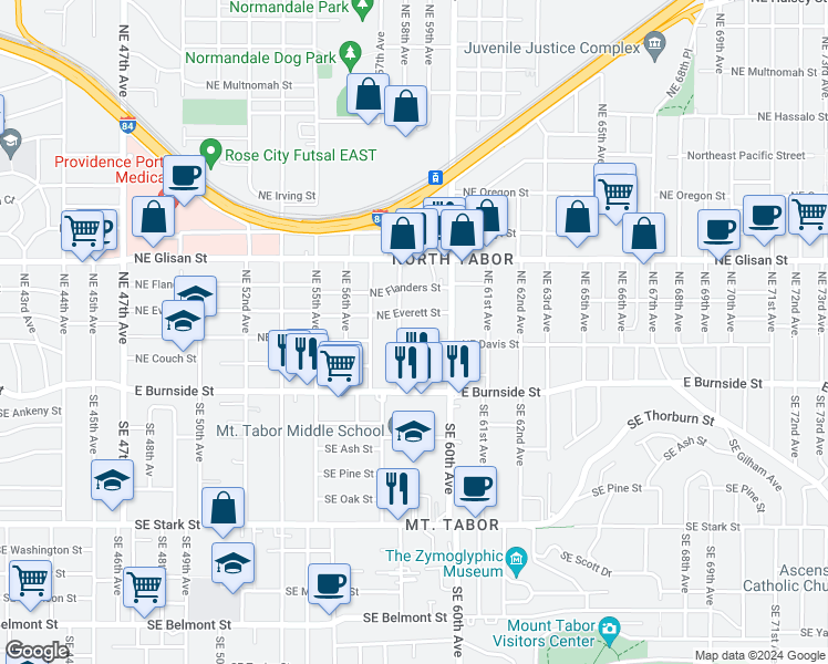 map of restaurants, bars, coffee shops, grocery stores, and more near 5821-5827 Northeast Davis Street in Portland