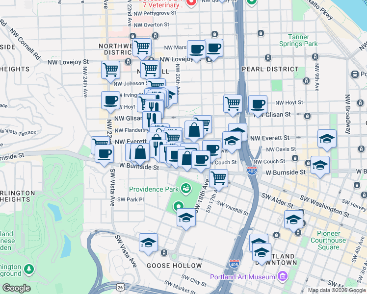 map of restaurants, bars, coffee shops, grocery stores, and more near 224 Northwest 20th Avenue in Portland