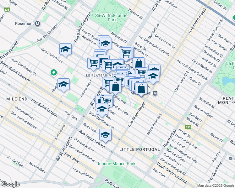 map of restaurants, bars, coffee shops, grocery stores, and more near 315 Rue Villeneuve Est in Montréal