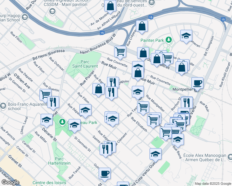 map of restaurants, bars, coffee shops, grocery stores, and more near 1581 Rue Barré in Montréal