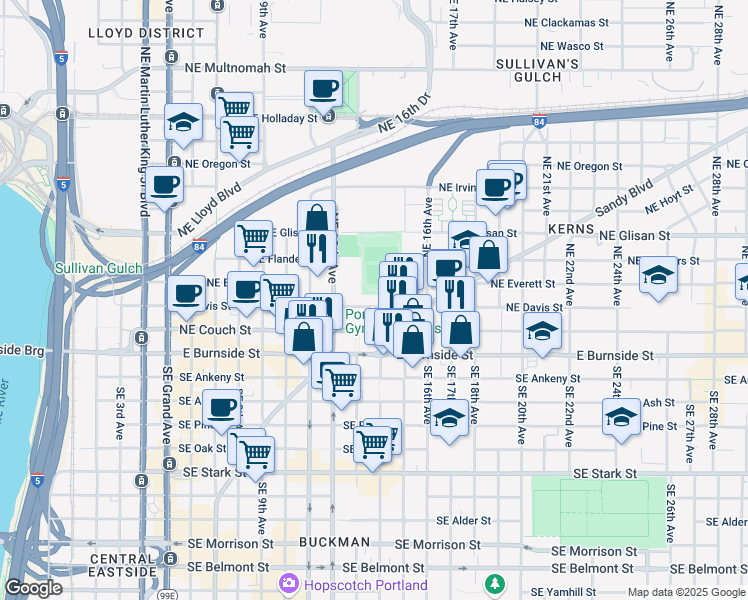 map of restaurants, bars, coffee shops, grocery stores, and more near 1321 Northeast Davis Street in Portland
