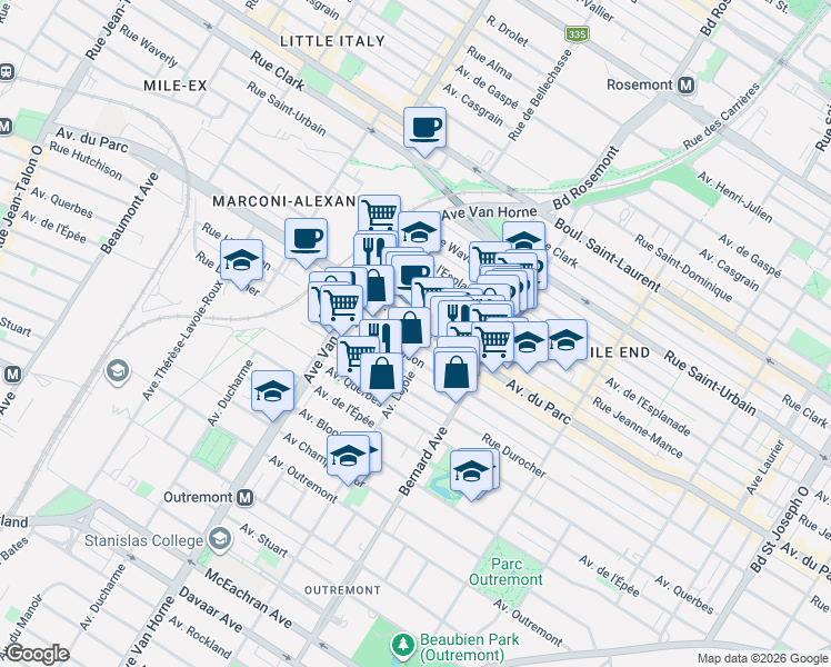 map of restaurants, bars, coffee shops, grocery stores, and more near 5956 Avenue du Parc in Montréal