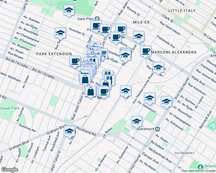 map of restaurants, bars, coffee shops, grocery stores, and more near 901 Avenue Beaumont in Montréal