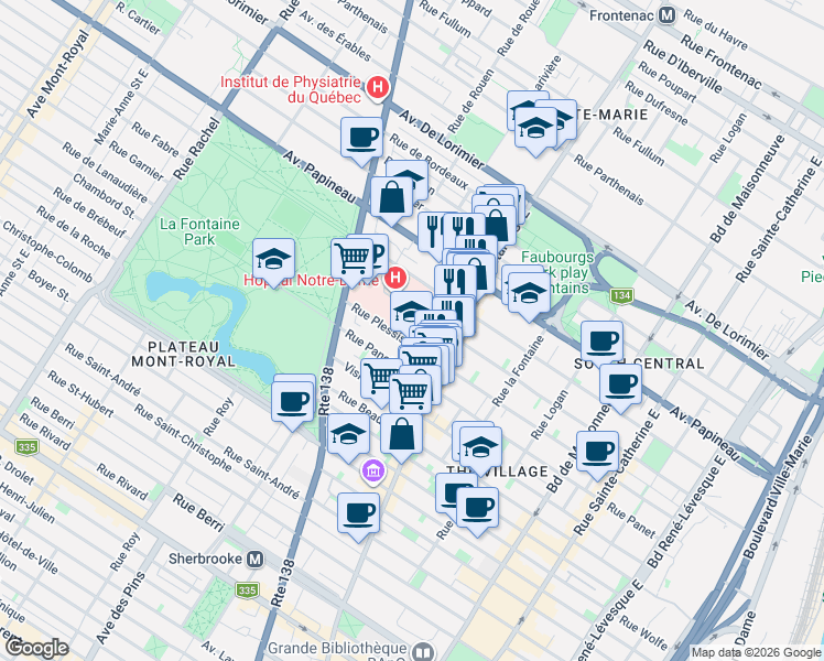 map of restaurants, bars, coffee shops, grocery stores, and more near 2045 Rue Plessis in Montréal
