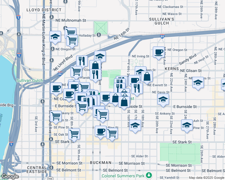 map of restaurants, bars, coffee shops, grocery stores, and more near 1321 Northeast Davis Street in Portland