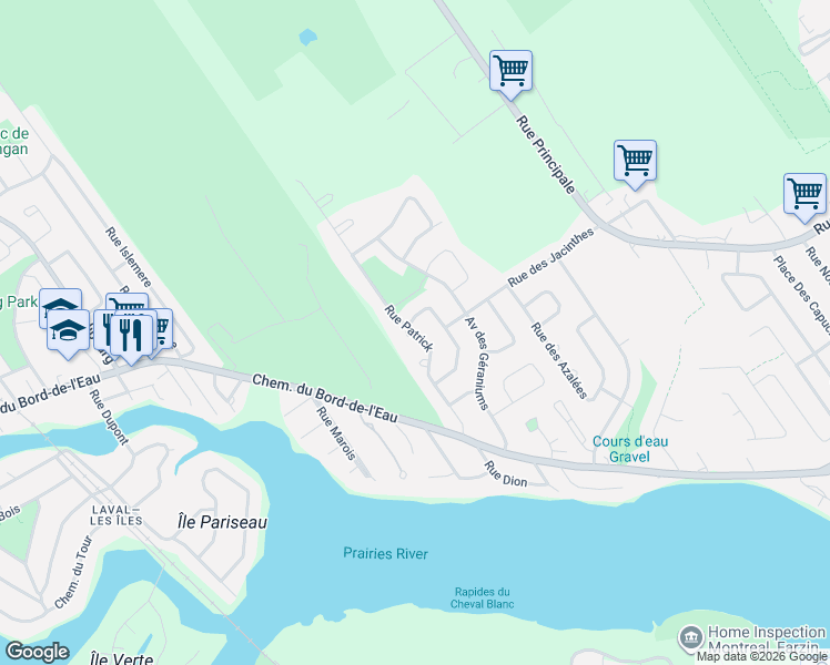 map of restaurants, bars, coffee shops, grocery stores, and more near Rue Patrick in Laval