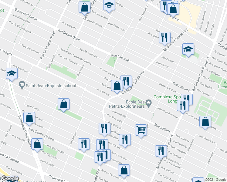 map of restaurants, bars, coffee shops, grocery stores, and more near 1196 Rue Gardenville in Longueuil