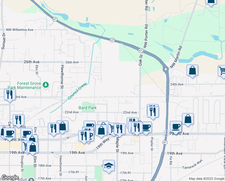 map of restaurants, bars, coffee shops, grocery stores, and more near 2304 Maple Street in Forest Grove