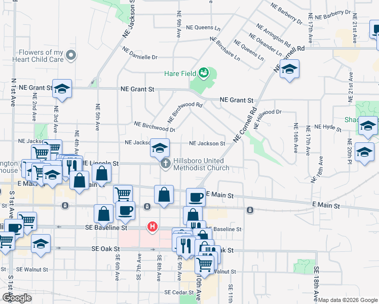 map of restaurants, bars, coffee shops, grocery stores, and more near 941 Northeast Lincoln Street in Hillsboro