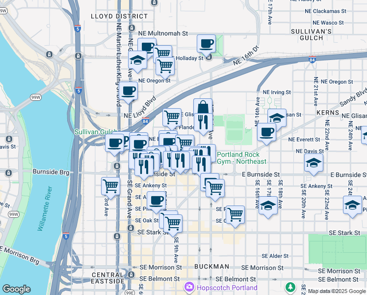 map of restaurants, bars, coffee shops, grocery stores, and more near 232 Northeast 9th Avenue in Portland