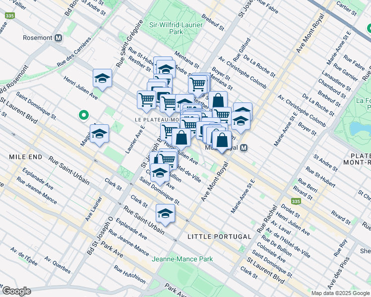 map of restaurants, bars, coffee shops, grocery stores, and more near 315 Rue Villeneuve Est in Montréal