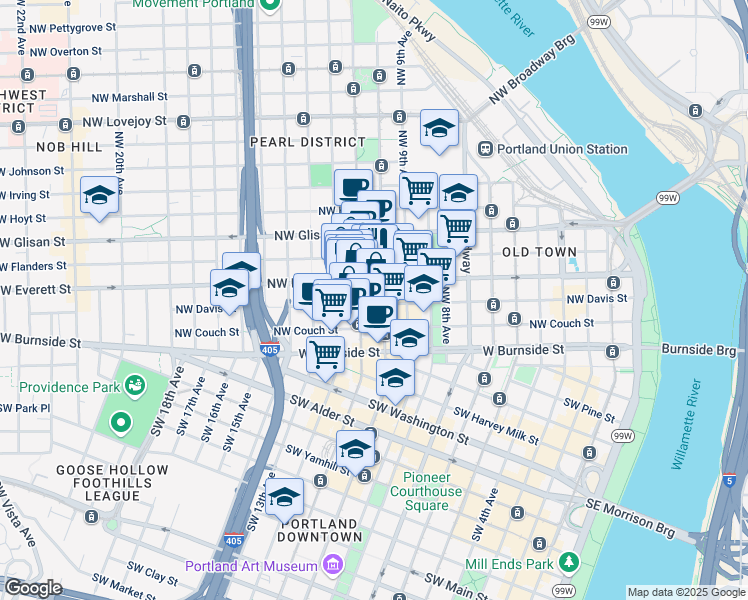 map of restaurants, bars, coffee shops, grocery stores, and more near 1122 Northwest Everett Street in Portland