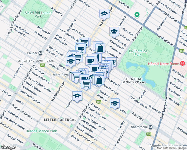 map of restaurants, bars, coffee shops, grocery stores, and more near 4291 Rue Saint-Hubert in Montréal