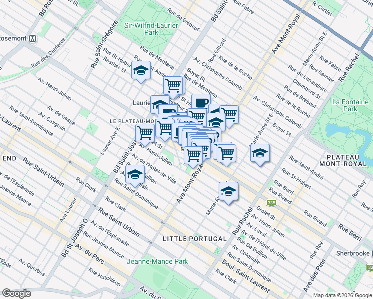 map of restaurants, bars, coffee shops, grocery stores, and more near 4144 Rue Messier in Montréal