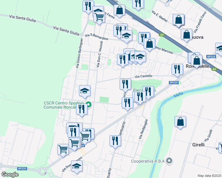 map of restaurants, bars, coffee shops, grocery stores, and more near 18 Via Castello in Roncadelle