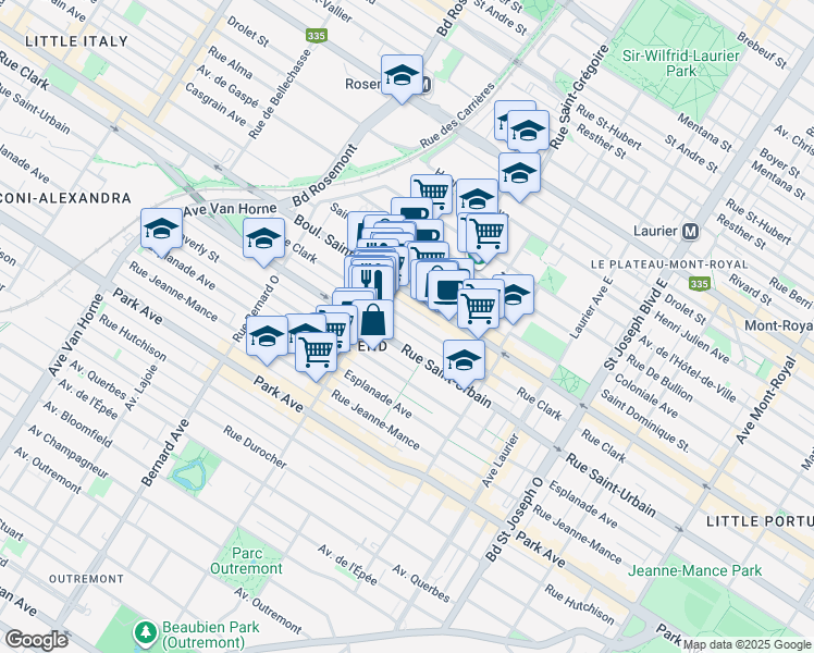 map of restaurants, bars, coffee shops, grocery stores, and more near 5368 Rue Clark in Montréal