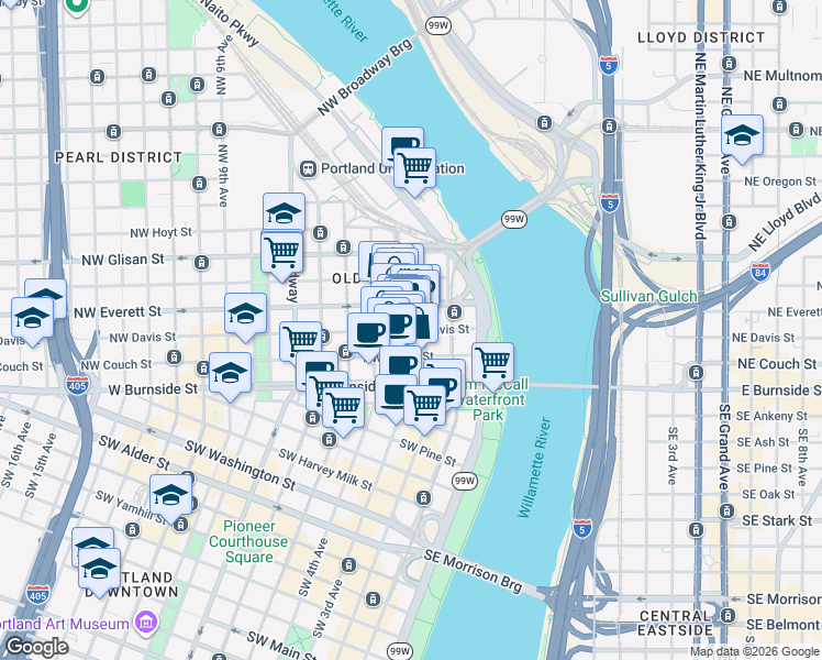 map of restaurants, bars, coffee shops, grocery stores, and more near 38 Northwest Davis Street in Portland