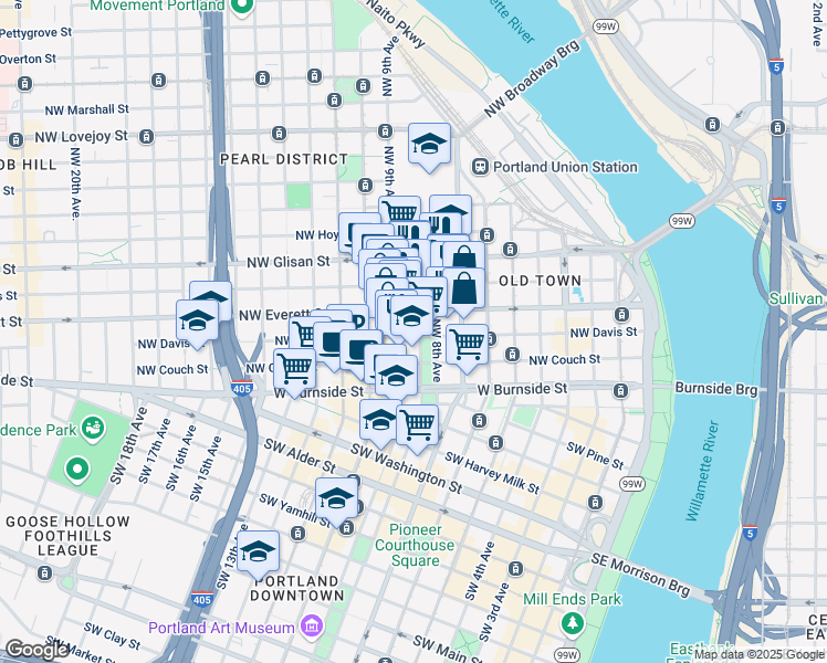 map of restaurants, bars, coffee shops, grocery stores, and more near in Portland