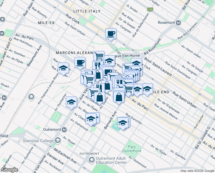 map of restaurants, bars, coffee shops, grocery stores, and more near 5956 Avenue du Parc in Montréal