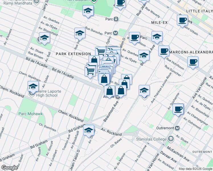 map of restaurants, bars, coffee shops, grocery stores, and more near 1000 Rue Jean-Talon Ouest in Montréal
