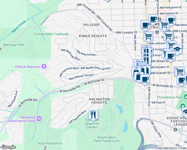 map of restaurants, bars, coffee shops, grocery stores, and more near 2724 Northwest Imperial Terrace in Portland