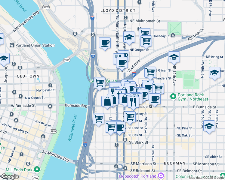 map of restaurants, bars, coffee shops, grocery stores, and more near 321 Northeast Davis Street in Portland