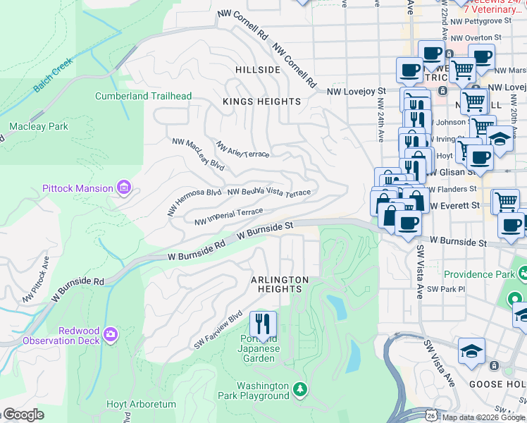 map of restaurants, bars, coffee shops, grocery stores, and more near 2724 Northwest Imperial Terrace in Portland