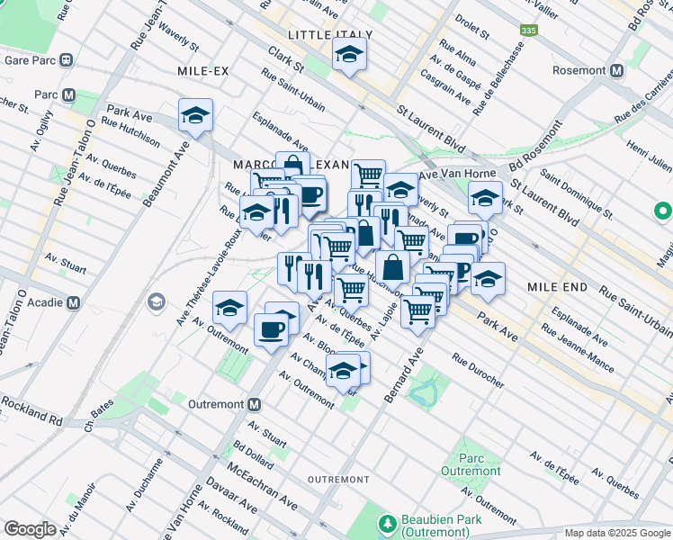 map of restaurants, bars, coffee shops, grocery stores, and more near 1040 Avenue Van Horne in Montréal
