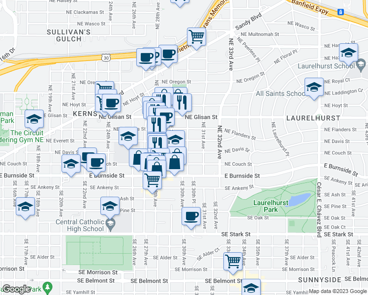 map of restaurants, bars, coffee shops, grocery stores, and more near 236 Northeast 29th Avenue in Portland
