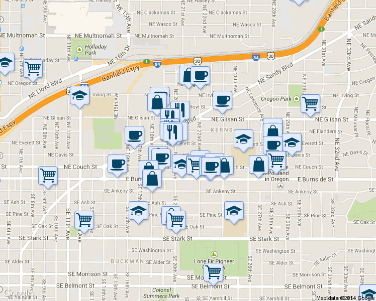 map of restaurants, bars, coffee shops, grocery stores, and more near 2100 Northeast Everett Street in Portland
