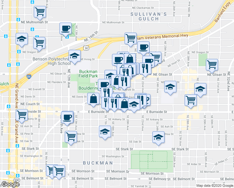 map of restaurants, bars, coffee shops, grocery stores, and more near in Portland