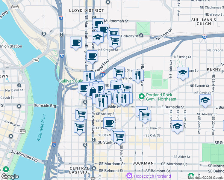 map of restaurants, bars, coffee shops, grocery stores, and more near 731 Northeast Everett Street in Portland
