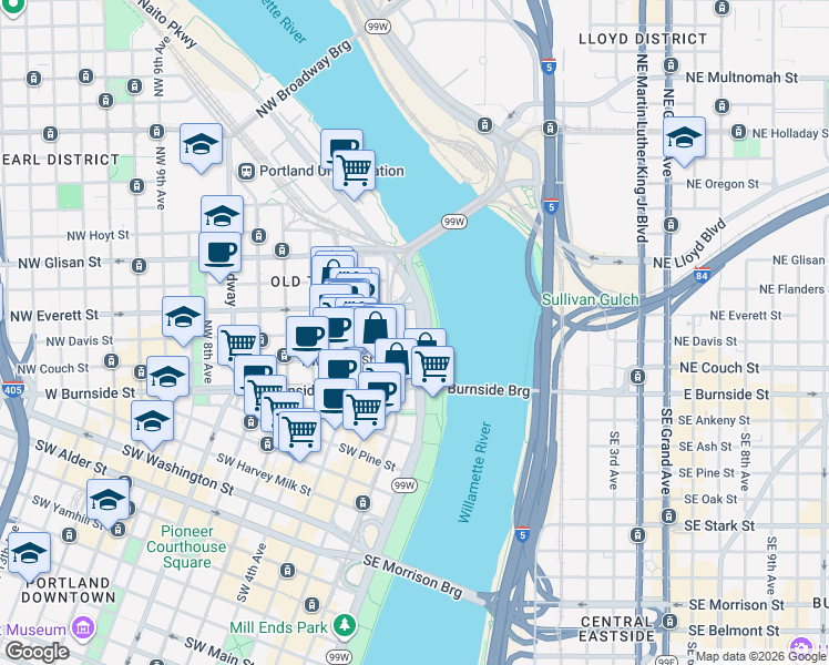 map of restaurants, bars, coffee shops, grocery stores, and more near 58 Waterfront Park Trail in Portland